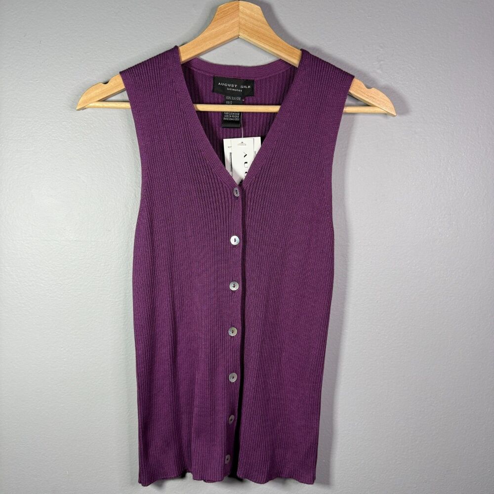 August Silk Intimates Purple 100% Silk Ribbed Sleeveless Button Vest Sz S NEW